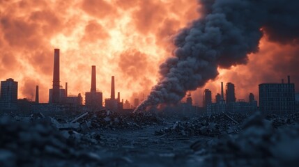 Obraz premium Industrial Landscape with Flames and Smoke during Dusk Hour