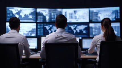 A team monitors multiple screens displaying data and graphs, working collaboratively in a high-tech environment.