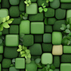 Seamless green pattern with textured cubes and leaves, creating vibrant and fresh look. Ideal for backgrounds and nature themed designs