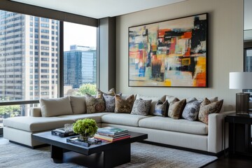 Modern Living Room with Cozy Sofa, Stylish Pillows, Abstract Wall Art, and Scenic City View Through Large Windows in a Contemporary Apartment
