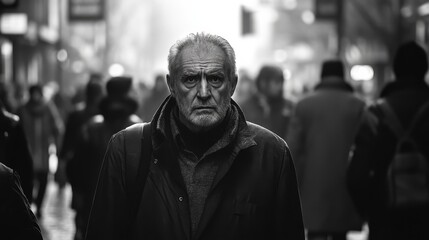 Black and white portrait of an elderly man in a crowded street