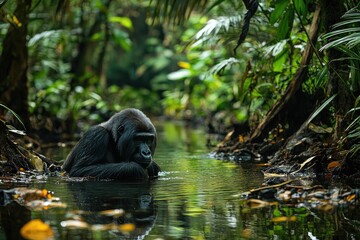 Mountain gorilla relaxing in a lush forest river