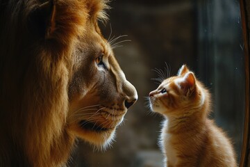 Majestic lion meeting a small kitten: a study in contrasts