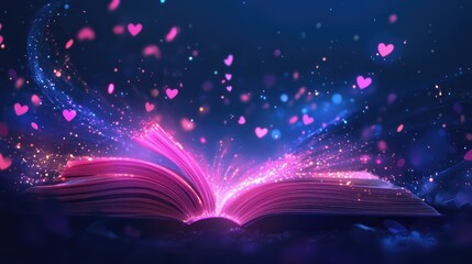 Enchanting Open Book with Glowing Hearts and Magical Sparkles in a Dreamy Background Representing Love and Imagination