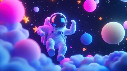 A dreamy wool-felt scene of an astronaut floating in deep space, surrounded by glowing pastel planets and soft cotton stars. The vastness of the cosmos is rendered with calming blue and purple tones. 