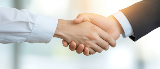 Obraz premium blurred figure is handing over loan agreement in professional setting, symbolizing trust and collaboration. handshake signifies successful business deal