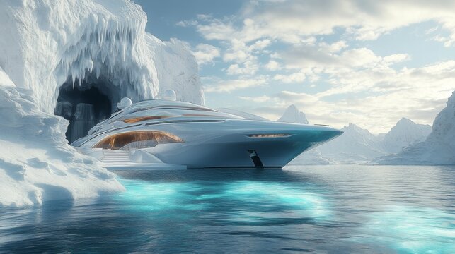 Fantasy scene with an ice whale jumping near a futuristic ship