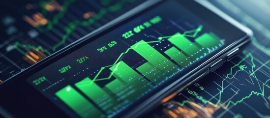 Obraz premium A close-up shot of a smartphone displaying a graph with green bars showing a positive upward trend. The phone is resting on a financial report with stock charts and figures.