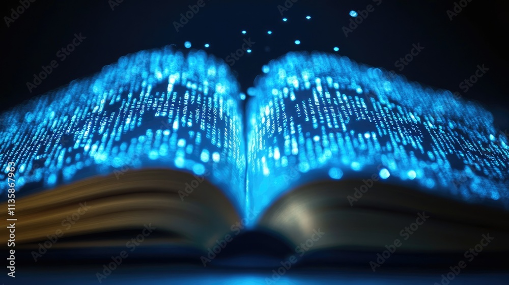 Poster glowing open book with digital code floating above, representing the intersection of literature and 