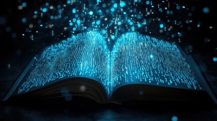 Enchanted Open Book with Magical Light Particles and Digital Data Streams, Symbolizing Knowledge, Learning, and Imagination in a Mystical Setting