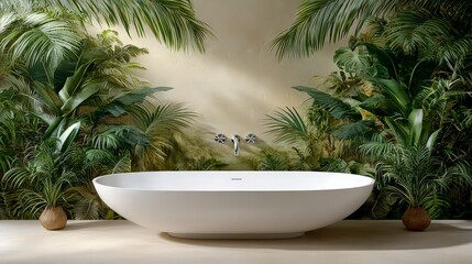Obraz premium Luxurious Modern Bathroom Freestanding Tub Tropical Plants Chrome Faucet