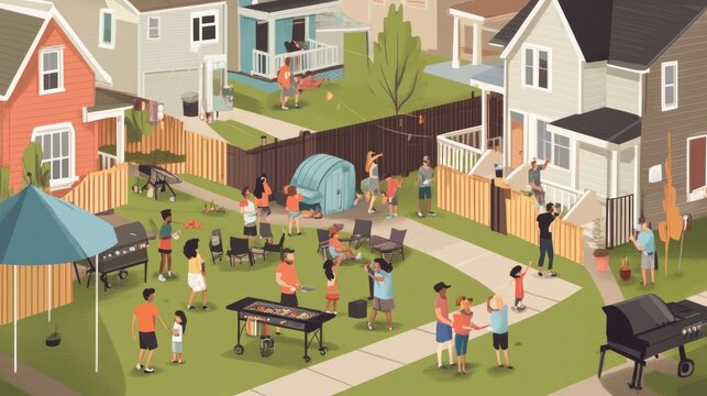 Neighborhood summer block party with diverse people grilling, playing, and socializing in backyard.