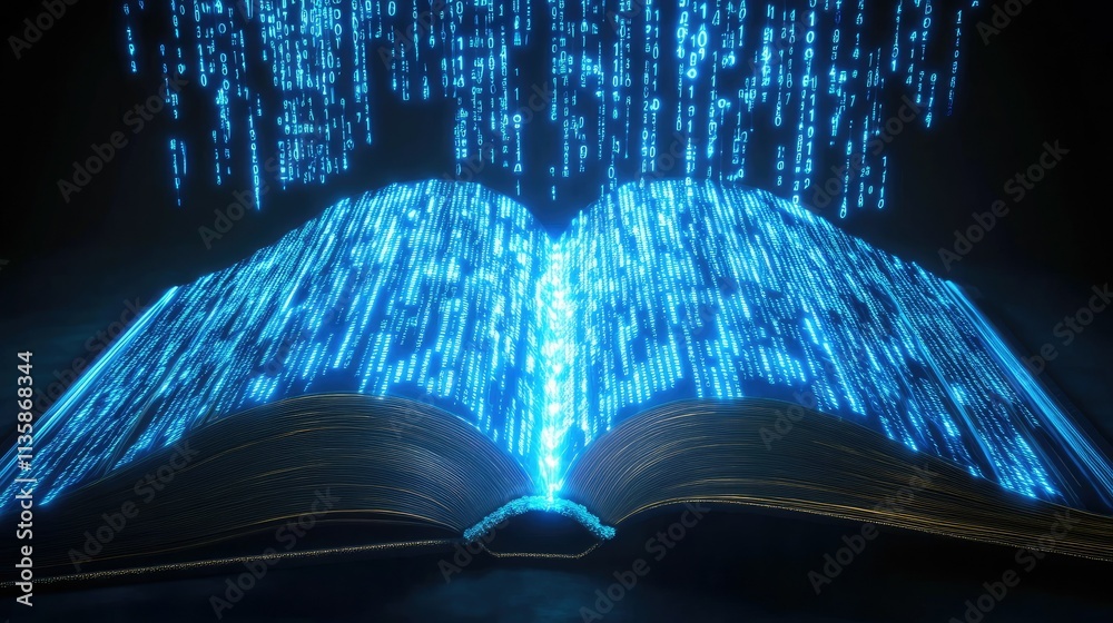Poster an enchanting open book with digital data streams flowing from its pages, symbolizing knowledge, tec