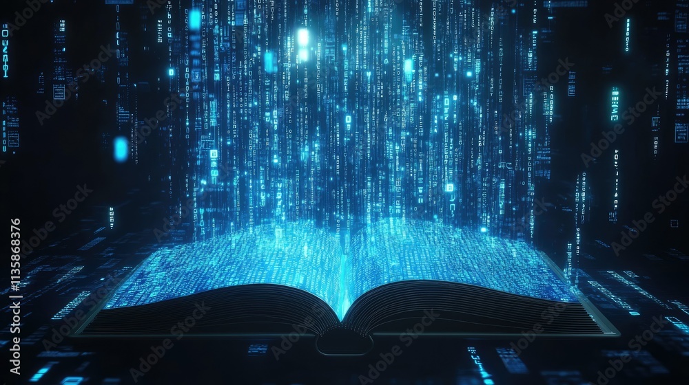 Poster enchanted open book surrounded by cascading digital data representing knowledge, technology, and inf