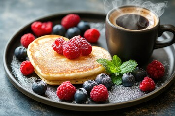 Heart shaped pancakes with raspberries, blueberries and a cup of coffee steaming for a romantic breakfast