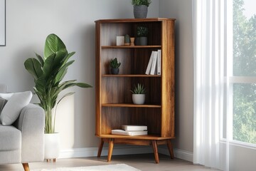 Corner wooden bookcase with three shelves, displaying plants and books in a modern living room.