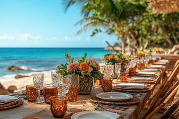 Obraz premium Wooden table set for a luxurious lunch by tropical beach
