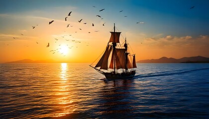 Fototapeta premium Sunset Sailboat Ocean Landscape Birds Golden Hour Seascape