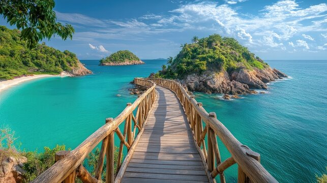Wooden bridge leading to tropical island in koh khai nok, thailand