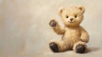 Vector cartoon plush cute beautiful little kind cuddly teddy bear with raised front paw, wants to say hello. Gift sitting favorite soft toy. Graphic sticker. Light background.