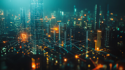 Obraz premium Smart digital Innovation city with connection network reciprocity over the cityscape. of future smart wireless digital city and social media networking systems that connects people with in city