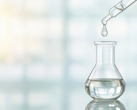 glass pipette dripping liquid into round bottom flask creates serene laboratory scene. clear glass and soft background evoke sense of precision and calmness