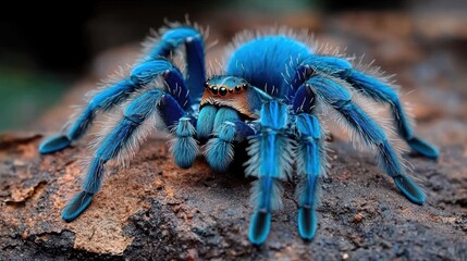 A vibrant blue spider with fuzzy texture, perched on a log in a natural setting.