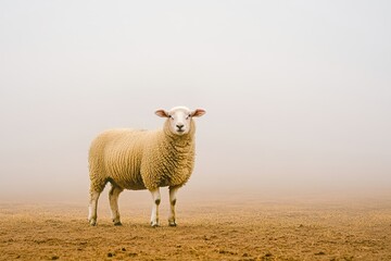 Obraz premium A solitary sheep stands confidently on a misty field, surrounded by a soft fog that creates a serene and tranquil atmosphere in a rural landscape.