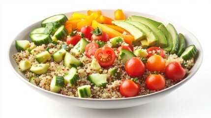 Isolated on white background of rustic quinoa bowl with sliced ​​parsley, cucumber, tomato and avocado. Healthy fat-free food.
