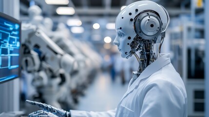 Fototapeta premium White man humanoid on blurred background creating artificial intelligence 3D rendering