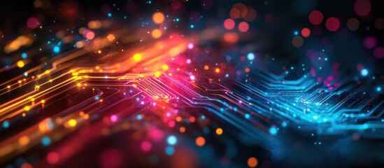 Abstract digital circuit board with glowing lights and bokeh effects.