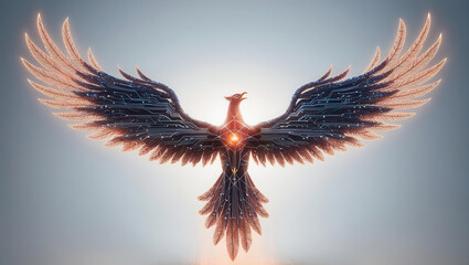 Fototapeta premium artificial intelligence concept. Digital phoenix rising with neural network wings, symbolizing rebirth and technology
