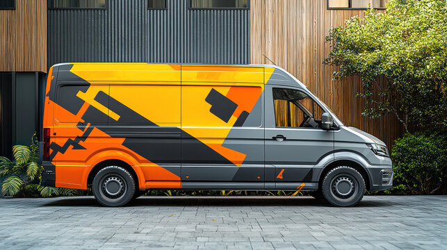 Commercial delivery van with modern orange and gray graphics parked near a modern building