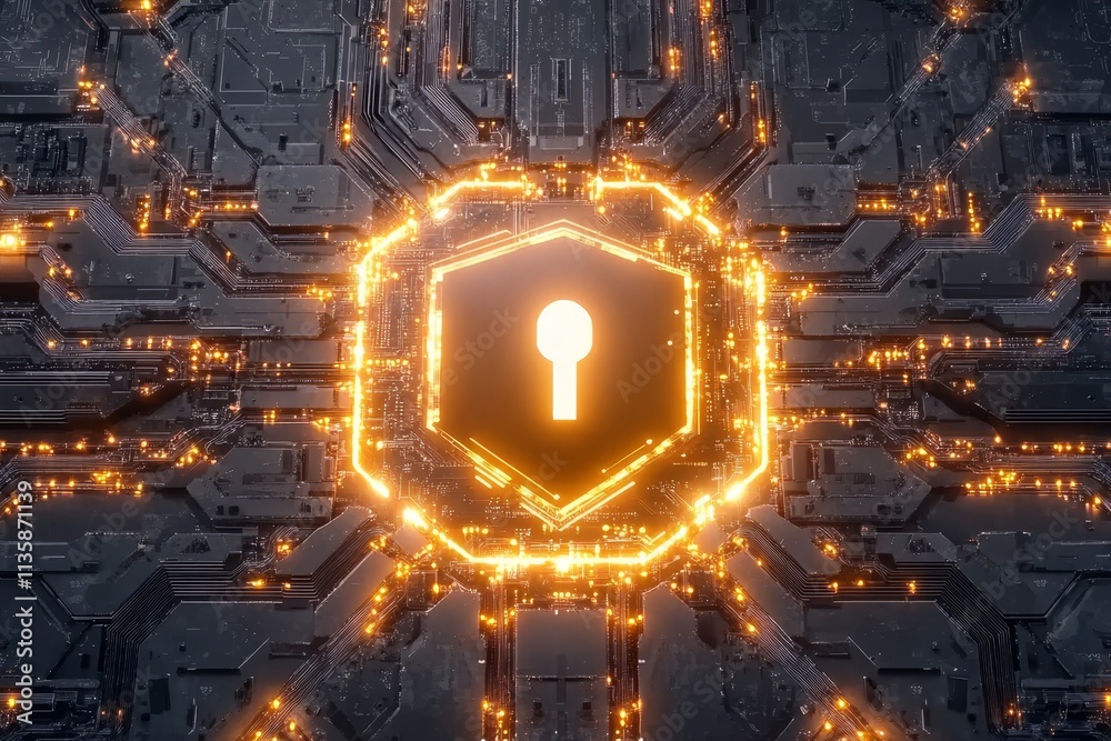 Poster abstract digital security concept featuring a glowing keyhole in a circuit board design, symbolizing