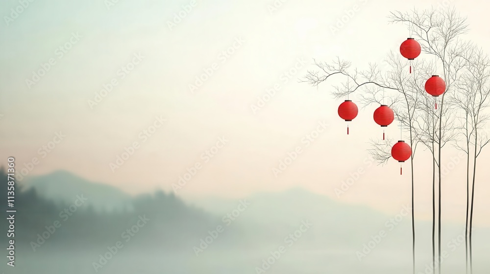 Poster delicate red lanterns floating against a soft gradient white backdrop, ample copy space for text.