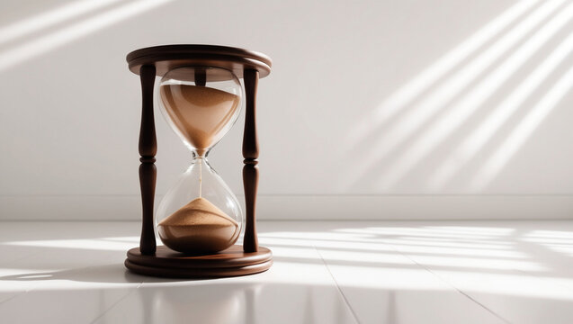 Floating Hourglass Surrounded by Soft Beams of Light with Copy Space