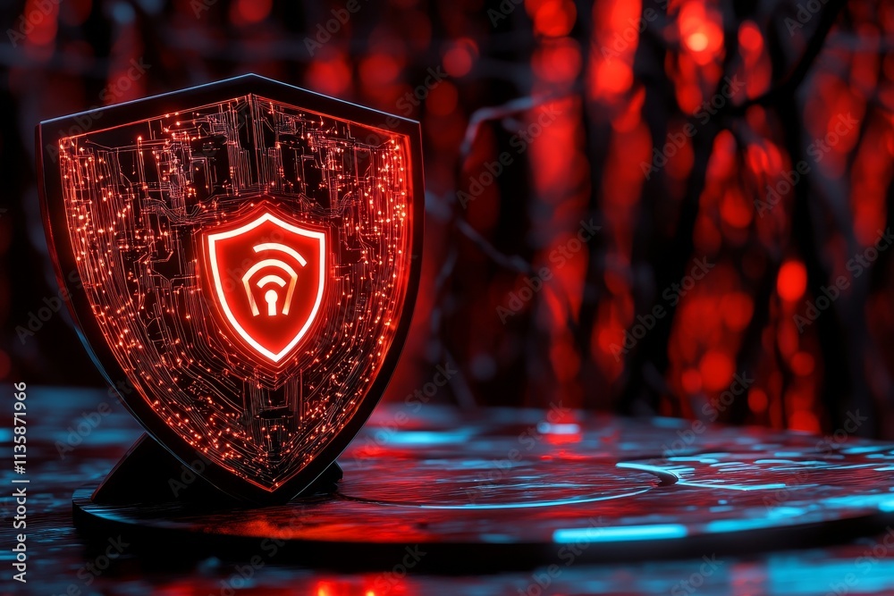 Aufkleber abstract representation of a digital shield symbolizing cybersecurity, featuring glowing red lights 