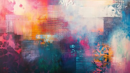 Abstract Painting with Pink, Orange, and Blue Hues