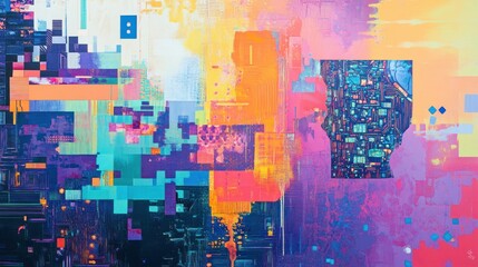Obraz premium Abstract Art with Glitch and Circuit Board Elements