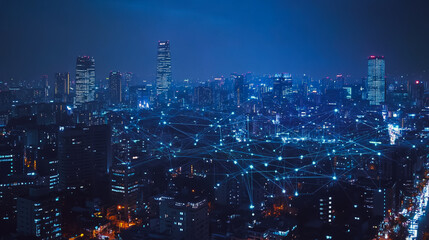 Fototapeta premium Smart digital Innovation city with connection network reciprocity over the cityscape. of future smart wireless digital city and social media networking systems that connects people with in city