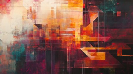 Fototapeta premium Abstract Geometric Painting with Red, Orange, and Teal Hues
