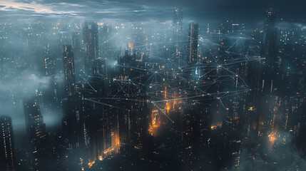 Naklejka premium Smart digital Innovation city with connection network reciprocity over the cityscape. of future smart wireless digital city and social media networking systems that connects people with in city