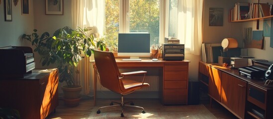 Fototapeta premium A home office with a desk, chair, computer, plant, and window.