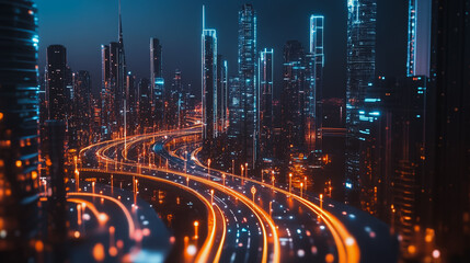 Obraz premium Smart digital Innovation city with connection network reciprocity over the cityscape. of future smart wireless digital city and social media networking systems that connects people with in city