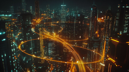 Obraz premium Smart digital Innovation city with connection network reciprocity over the cityscape. of future smart wireless digital city and social media networking systems that connects people with in city