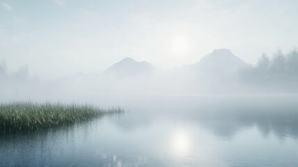 Fototapeta premium Misty morning lake reflecting mountains.