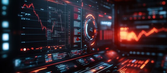 Fototapeta premium A close-up shot of a futuristic computer screen displaying various data visualizations and graphs, with a strong focus on a red line graph showing a downward trend.