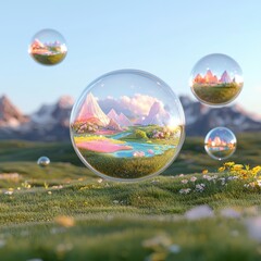 Magical Landscape in Bubbles Over a Serene Meadow with Flowers
