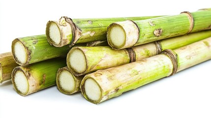 Fototapeta premium Freshly Harvested Sugar Cane Stalks with Green Exteriors, Close-Up View Highlighting Textures and Natural Beauty of Agricultural Produce