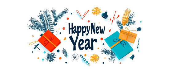 A festive illustration featuring colorful gifts, winter foliage, and "Happy New Year" text, celebrating the arrival of the new year.